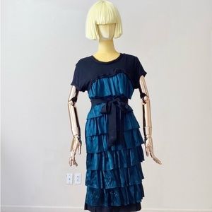 LANVIN Blue/ Black Ruffles belted T shirt Knee length Dress SZ XS
